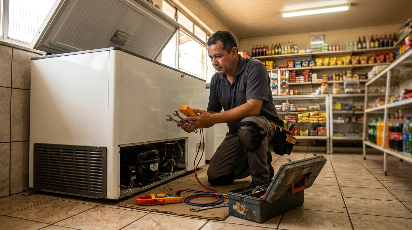 Profissional executando manutenção no motor de freezer no Centro, Americana‑SP
