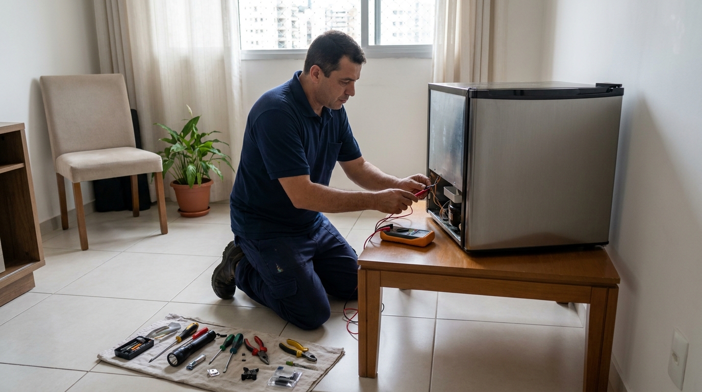 Técnico fazendo manutenção do motor de frigobar em Americana‑SP
