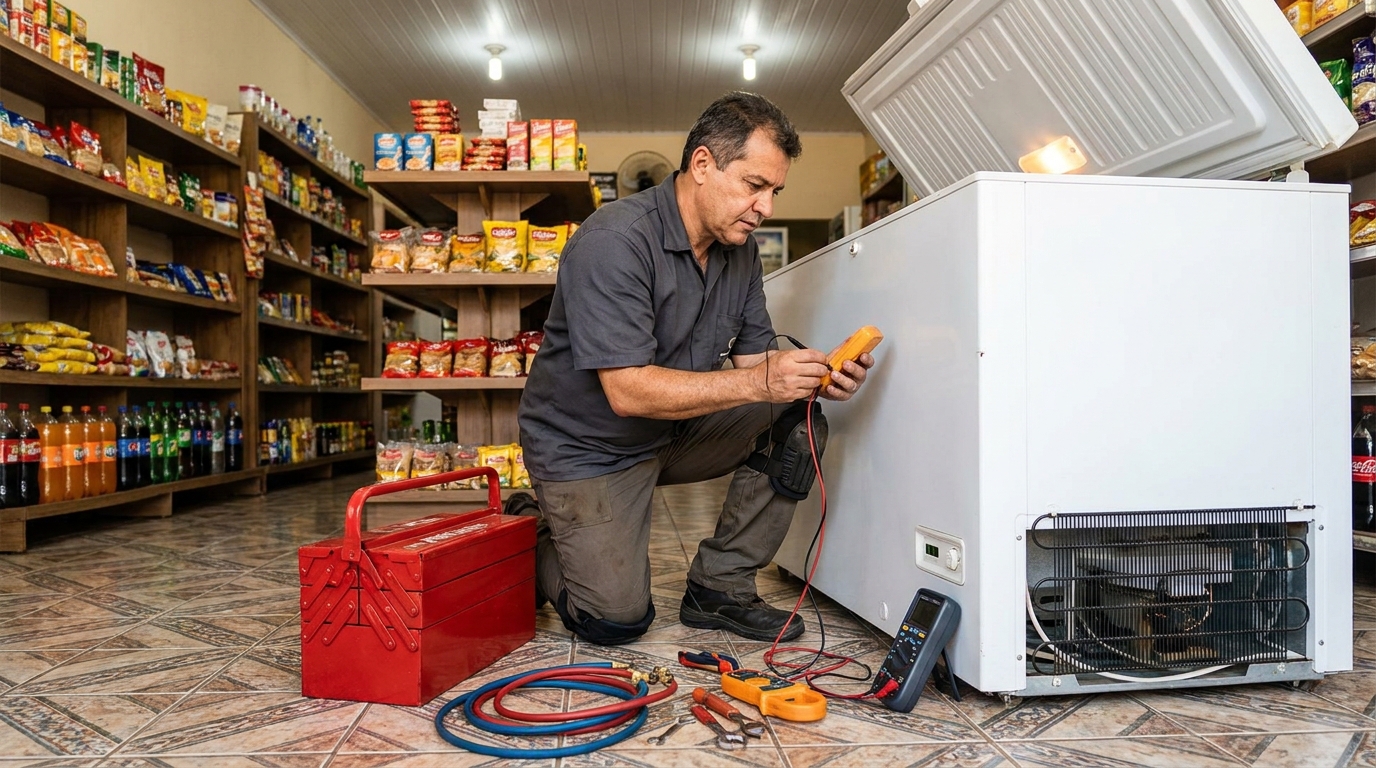 Recarga de gás refrigerante no freezer durante atendimento no Centro, Americana‑SP