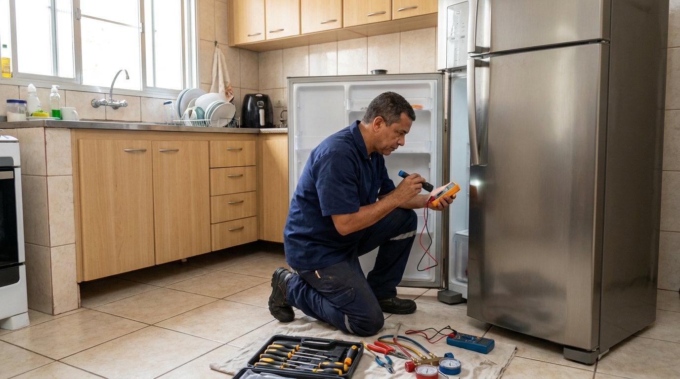 Técnico aplicando recarga de gás refrigerante em geladeira em Americana‑SP