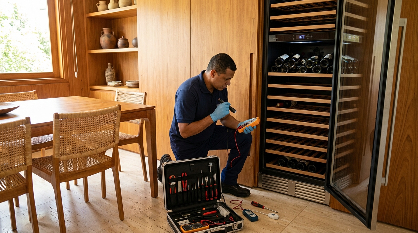 Substituição de termostato em adega climatizada em visita técnica no Morada do Sol, Americana‑SP