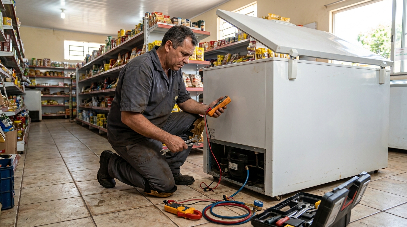 Substituição de termostato de freezer em visita técnica no Centro, Americana‑SP